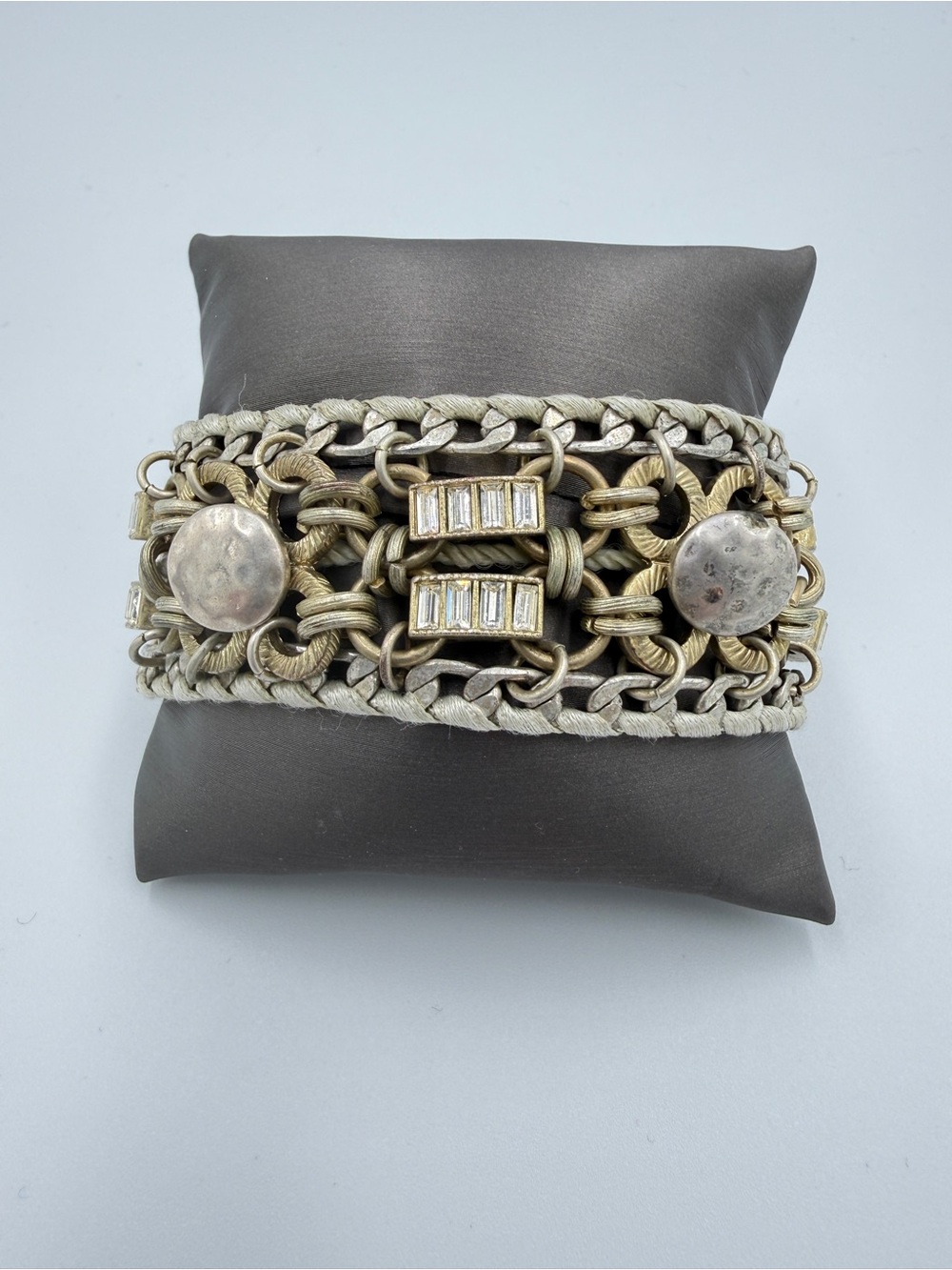 Two-Tone Chain Link Bracelet with Baguette Crystal Accents - Silver & Gold